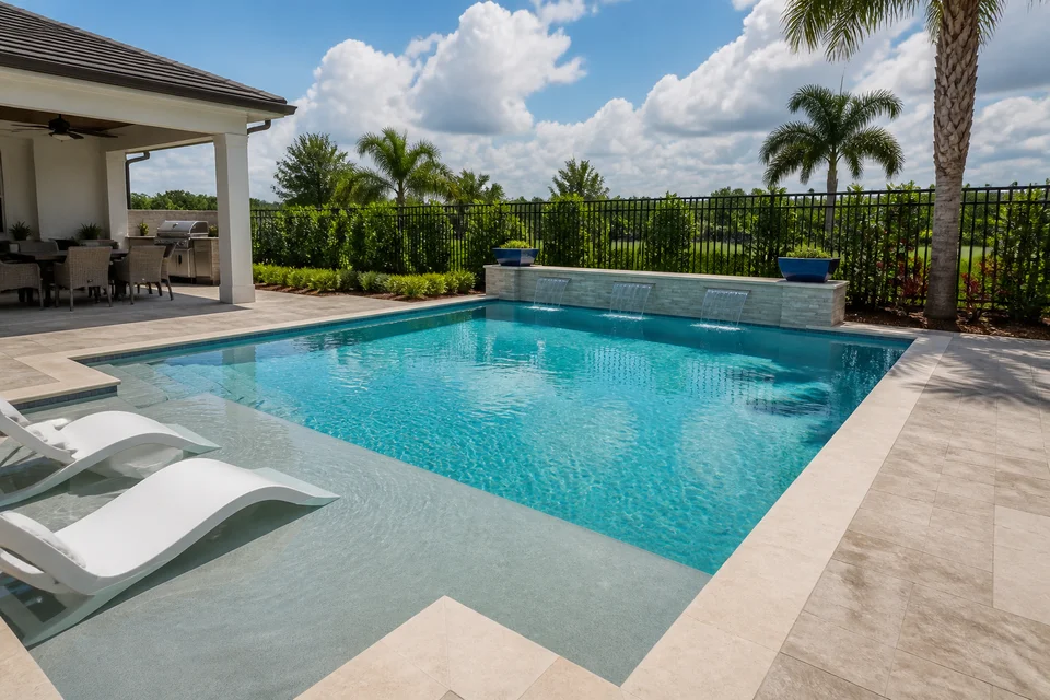 Completed custom residential pool built by BlueCurrent Pools & Spas