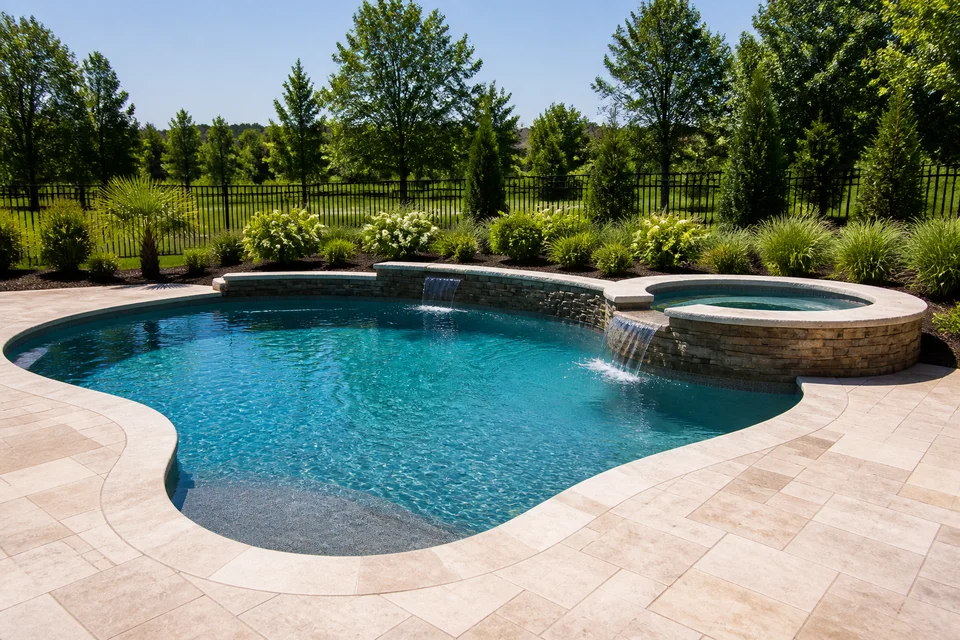 Integrated pool and raised spa built by BlueCurrent Pools & Spas